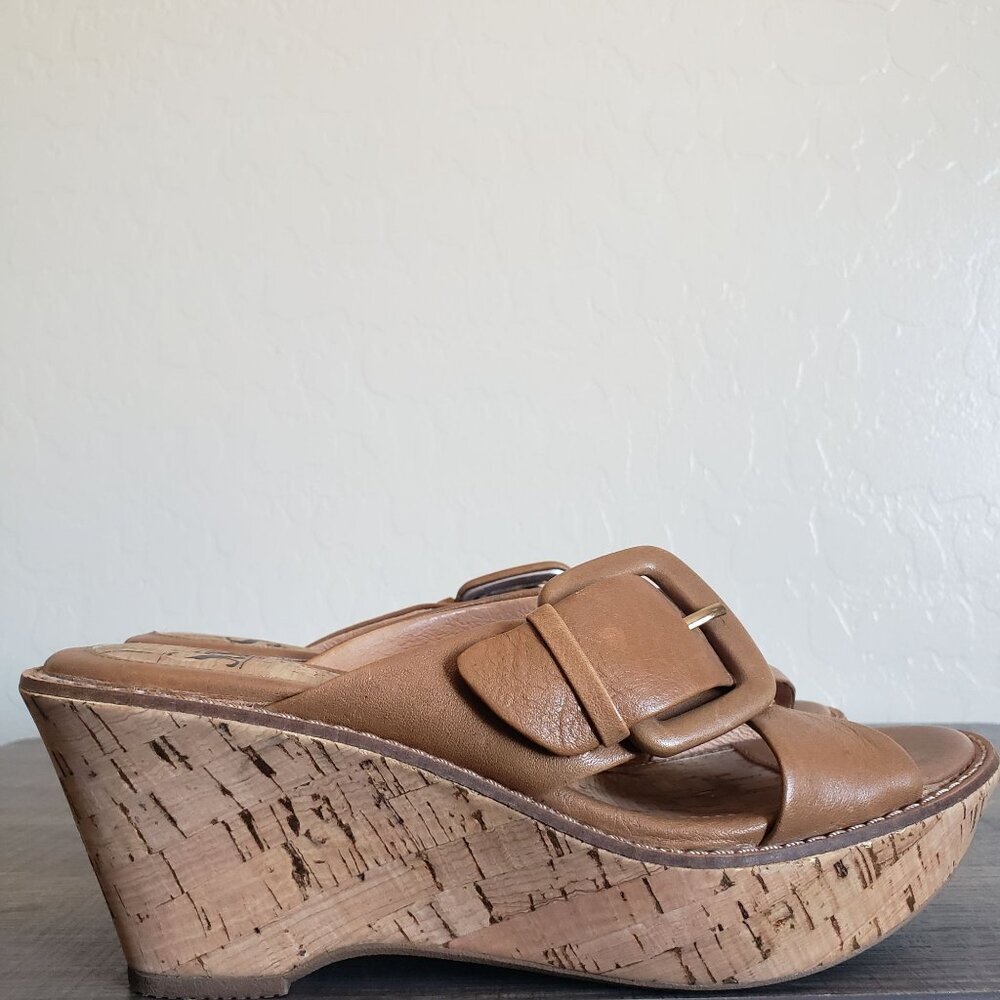 Sofft Balere Cork Wedge Criss Cross Leather Sandals Tan Women's 7 Slip-On Buckle